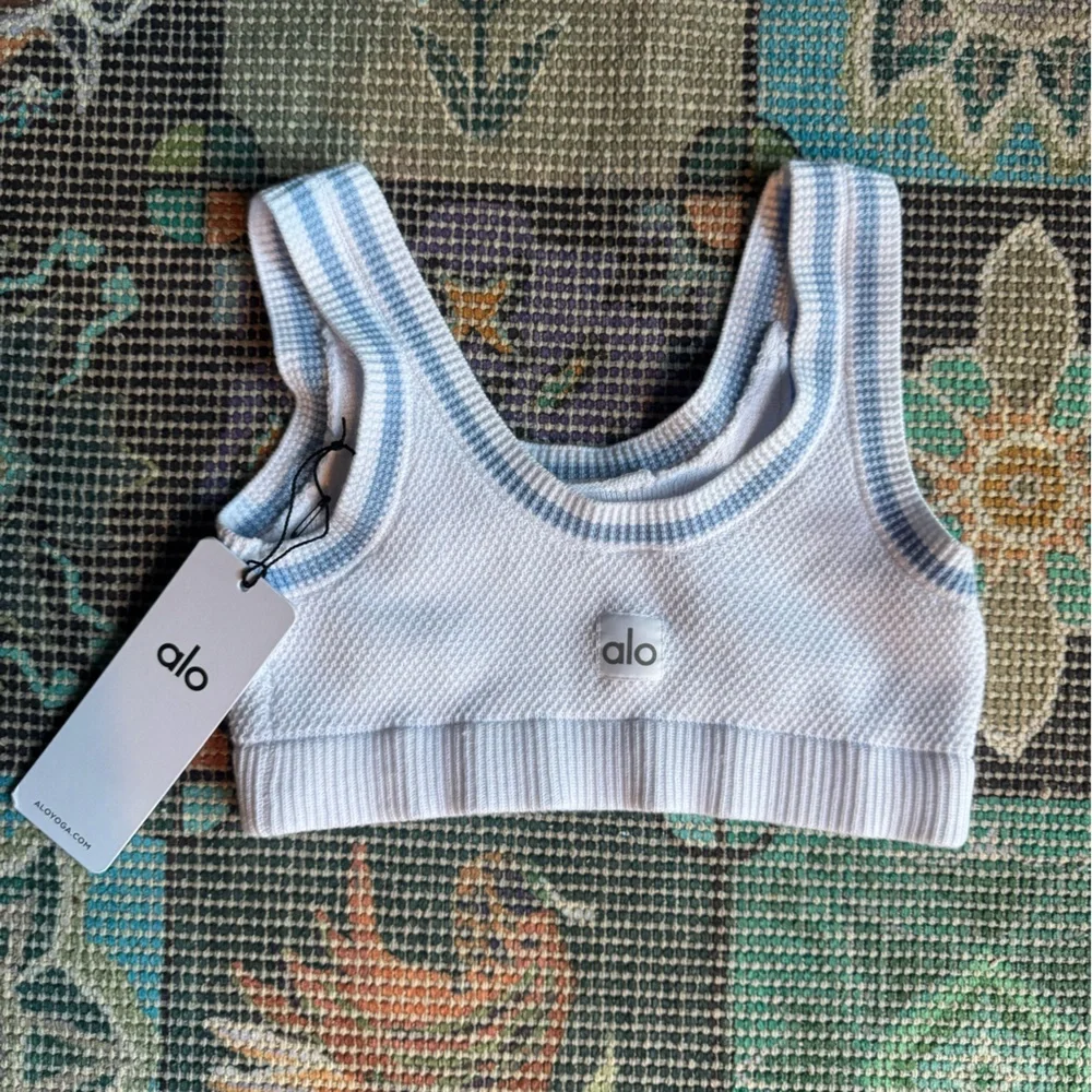 NWT ALO Yoga Tennis Club White and Crystal Blue Striped Knit Bra Top ONLY